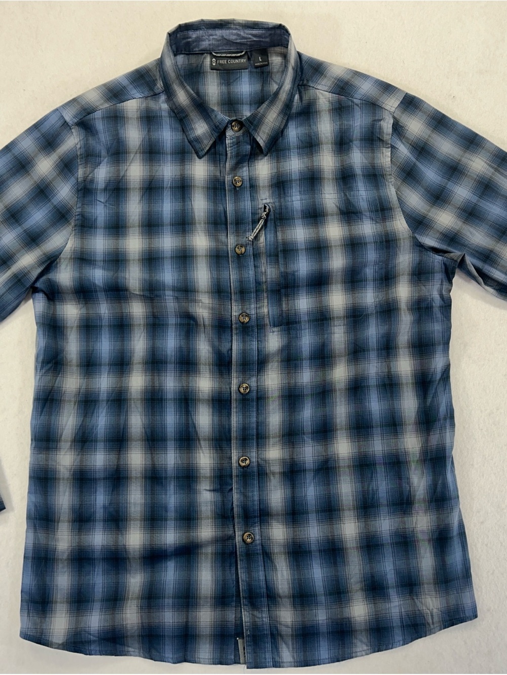 Free Country Mens Large Blue Plaid Hiking Shirt Long Sleeve Roll Tab Outdoor